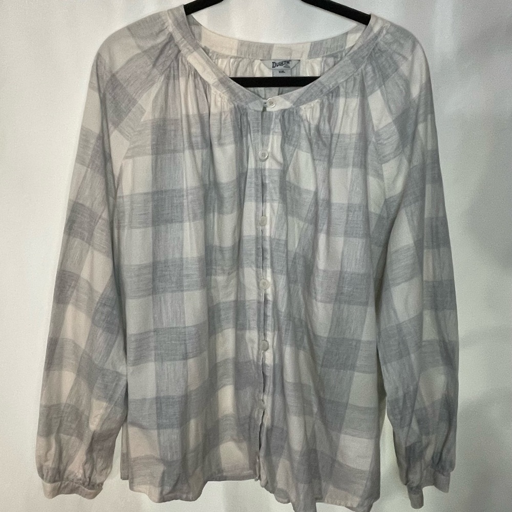 Duluth Trading Co Gray and White Striped Blouse